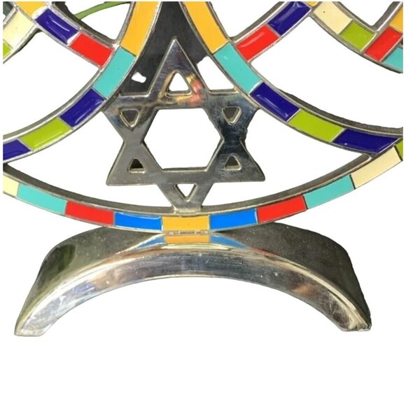 Jewish Hanukkah Metal With Inlaid Multicolored Mosaic Menorah With Star of David - Picture 6 of 7